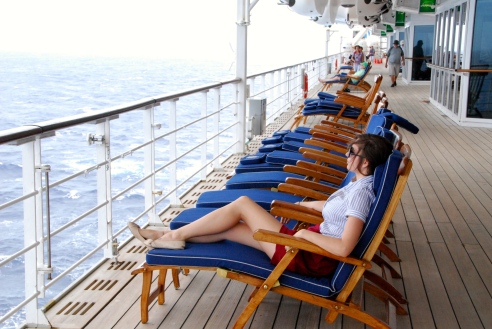 Relaxing on the teak deck.